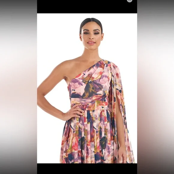 Kay Unger Lilah Tea Length Floral One-Shoulder Dress - Picture 6 of 12